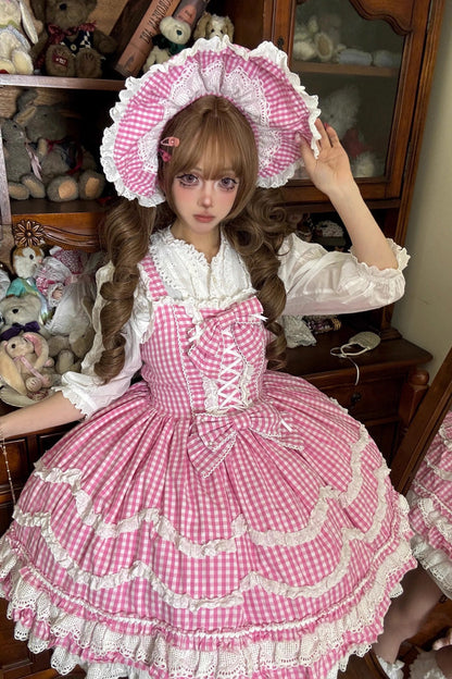 Gothic Lolita Dress - Plaid Print, Pink, Plaid, Bow Detail, Lace Trim - additional product view 5