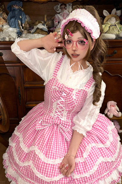 Gothic Lolita Dress - Plaid Print, Pink, Plaid, Bow Detail, Lace Trim - additional product view 6