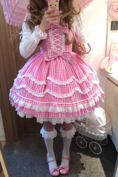 Gothic Lolita Dress - Plaid Print, Pink, Plaid, Bow Detail, Lace Trim - additional product view 7
