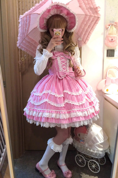 Gothic Lolita Dress - Plaid Print, Pink, Plaid, Bow Detail, Lace Trim - additional product view 8