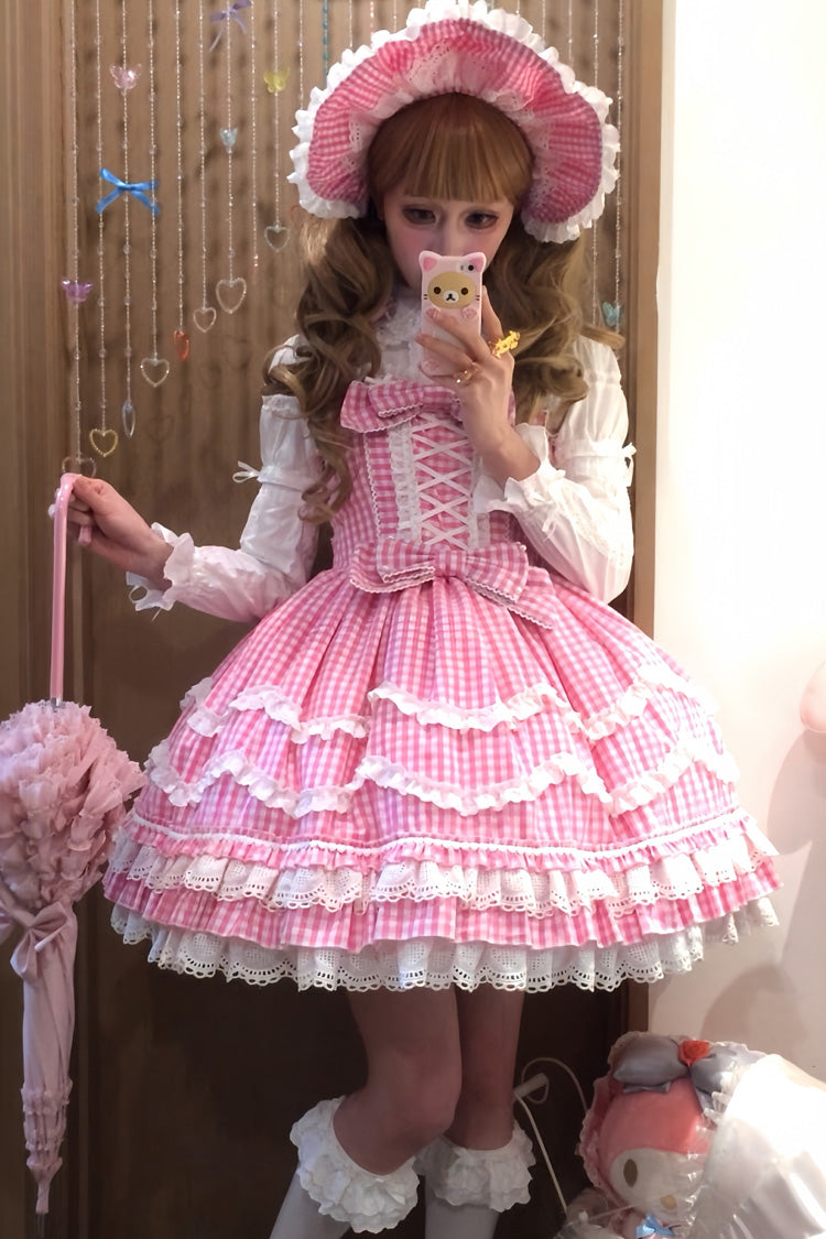 Gothic Lolita Dress - Plaid Print, Pink, Plaid, Bow Detail, Lace Trim - additional product view 9