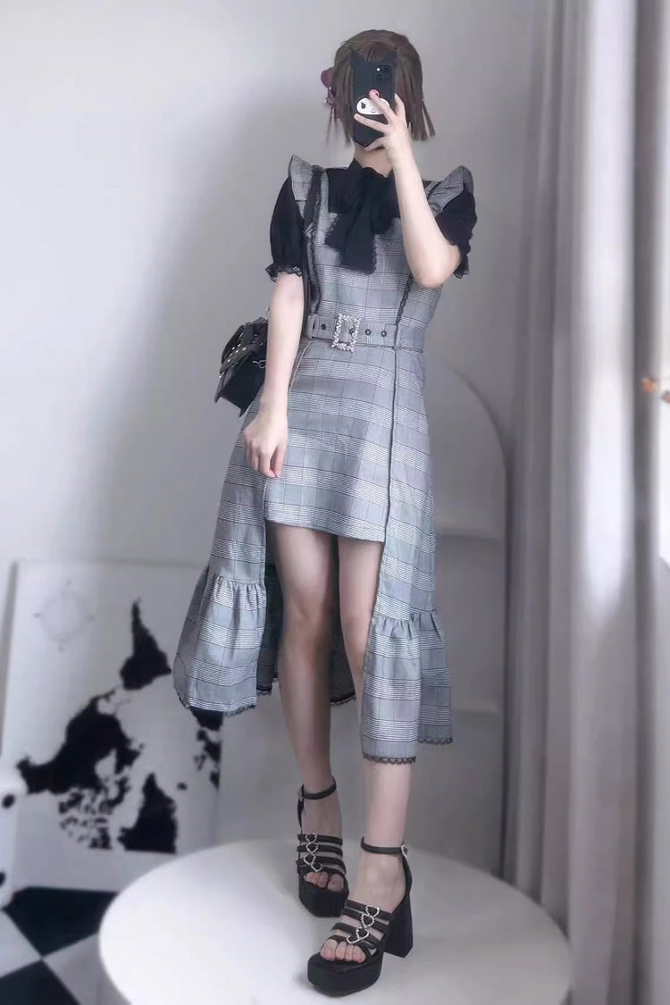 Gothic Lolita Dress - Plaid Print Ruffle Slim, Gray, Plaid, Printed, Ruffled - additional product view 2