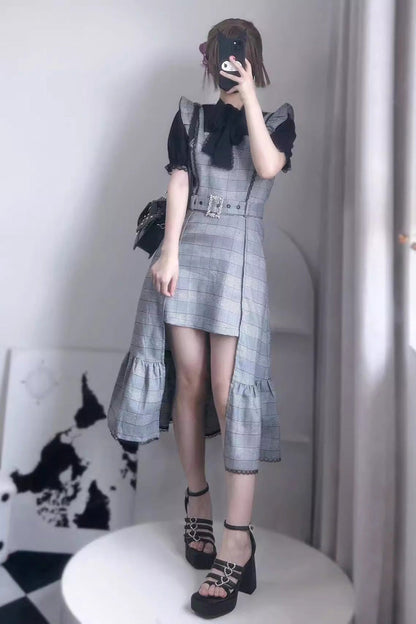 Gothic Lolita Dress - Plaid Print Ruffle Slim, Gray, Plaid, Printed, Ruffled - additional product view 2