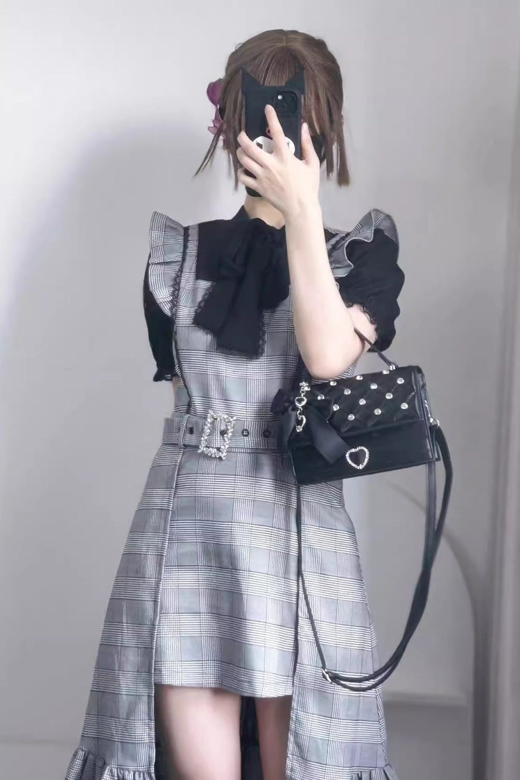 Gothic Lolita Dress - Plaid Print Ruffle Slim, Gray, Plaid, Printed, Ruffled - additional product view 3