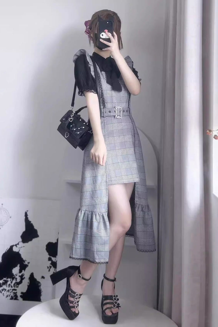 Gothic Lolita Dress - Plaid Print Ruffle Slim, Gray, Plaid, Printed, Ruffled - additional product view 4