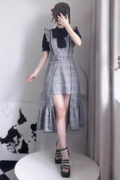 Gothic Lolita Dress - Plaid Print Ruffle Slim, Gray, Plaid, Printed, Ruffled - main product image