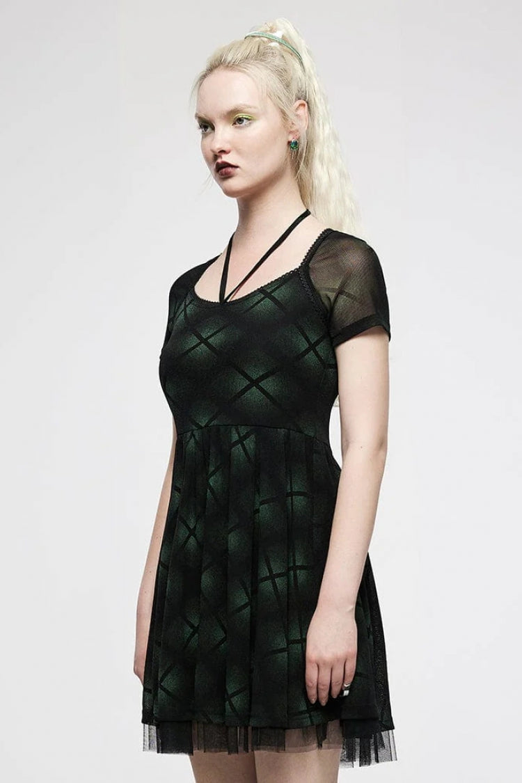 Gothic Lolita Dress - Plaid Print Stitching Mesh, Green, Plaid, Women's Style, Punk Style - additional product view 2