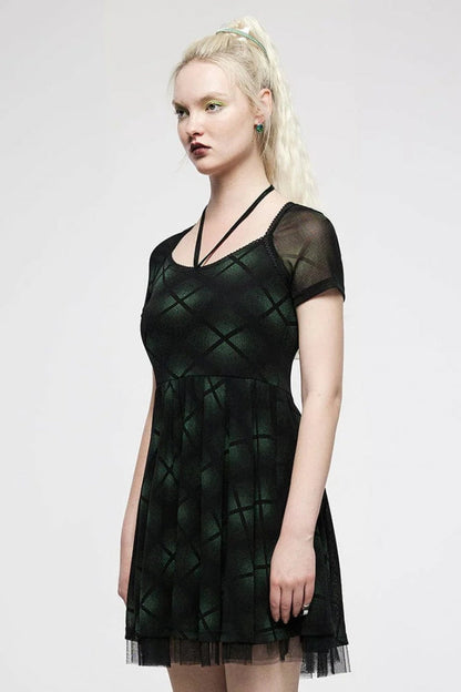 Gothic Lolita Dress - Plaid Print Stitching Mesh, Green, Plaid, Women's Style, Punk Style - additional product view 2