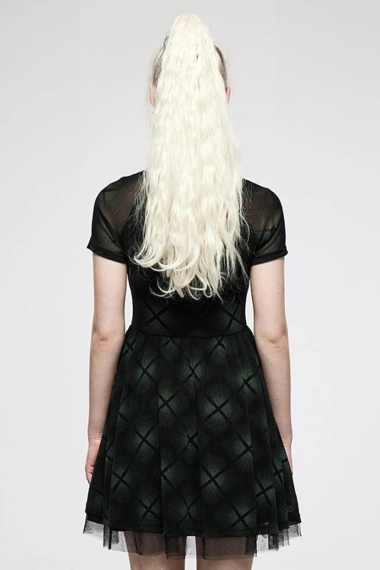 Gothic Lolita Dress - Plaid Print Stitching Mesh, Green, Plaid, Women's Style, Punk Style - additional product view 3