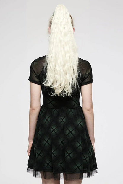 Gothic Lolita Dress - Plaid Print Stitching Mesh, Green, Plaid, Women's Style, Punk Style - additional product view 3