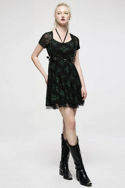 Gothic Lolita Dress - Plaid Print Stitching Mesh, Green, Plaid, Women's Style, Punk Style - additional product view 4