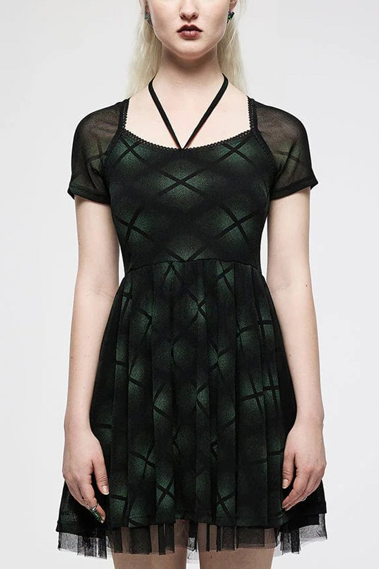 Gothic Lolita Dress - Plaid Print Stitching Mesh, Green, Plaid, Women's Style, Punk Style - main product image