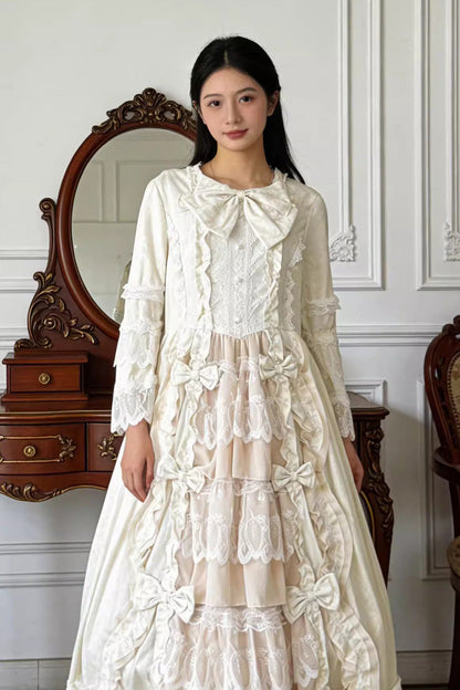 Gothic Lolita Dress - Plus Size Triple-layered Ruffled, 4 Colors, Plus Size, Bow Detail - S Beige / M Beige / L Beige option