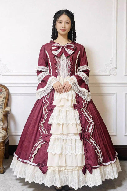 Gothic Lolita Dress - Plus Size Triple-layered Ruffled, 4 Colors, Plus Size, Bow Detail - S Red/White / M Red/White / L Red/White option
