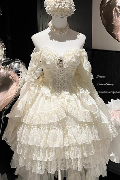 Gothic Lolita Dress - Princess Off Shoulder, 2 Colors, Long Sleeves, Sweet Style - S White / M White / L White option