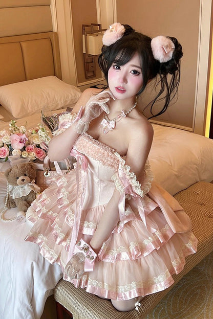 Gothic Lolita Dress - Princess Ribbon, Pink, Bow Detail, Lace Trim, Ruffled - additional product view 3