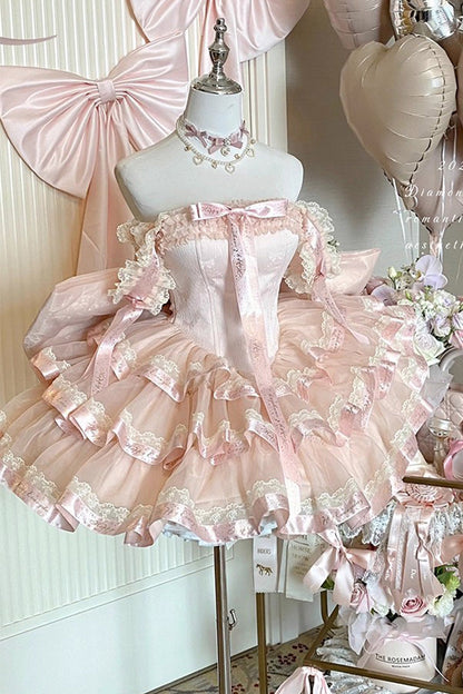 Gothic Lolita Dress - Princess Ribbon, Pink, Bow Detail, Lace Trim, Ruffled - additional product view 6