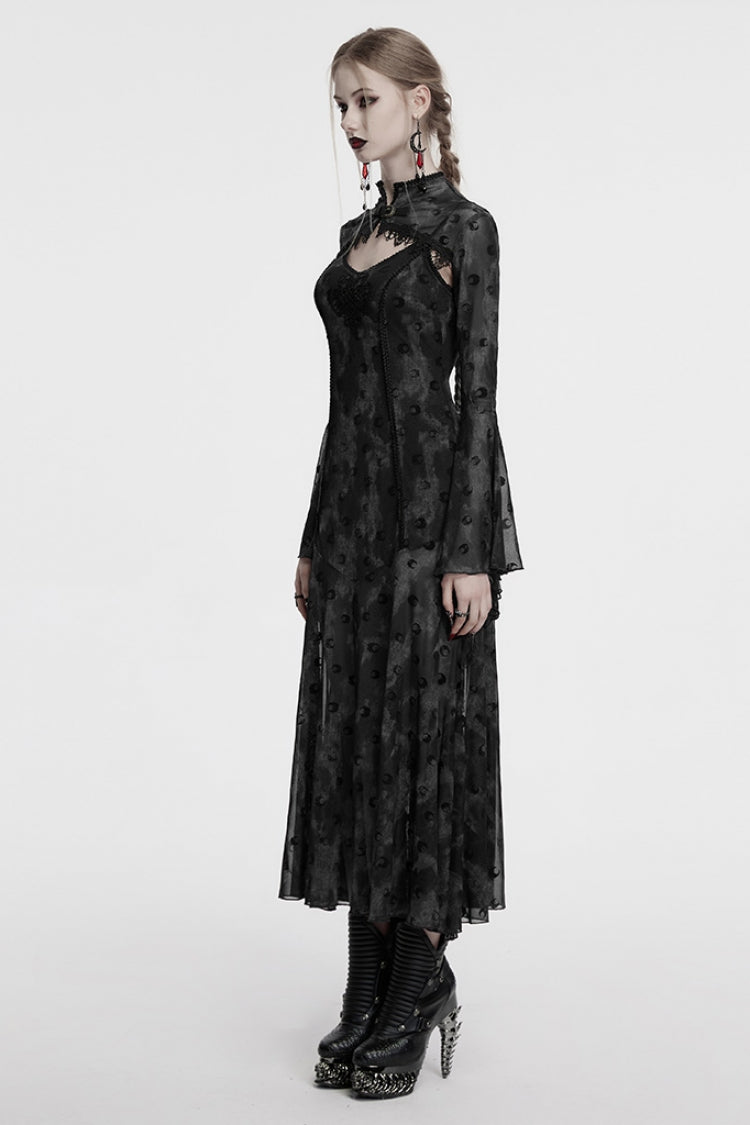 Gothic Lolita Dress - Print Hollow Mesh Slip, Gray, Women's Style, Long Sleeves, Printed - additional product view 2