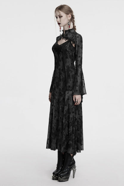 Gothic Lolita Dress - Print Hollow Mesh Slip, Gray, Women's Style, Long Sleeves, Printed - additional product view 2
