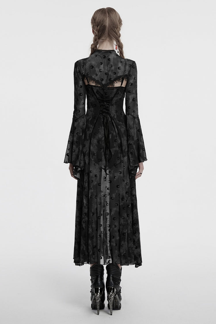 Gothic Lolita Dress - Print Hollow Mesh Slip, Gray, Women's Style, Long Sleeves, Printed - additional product view 3