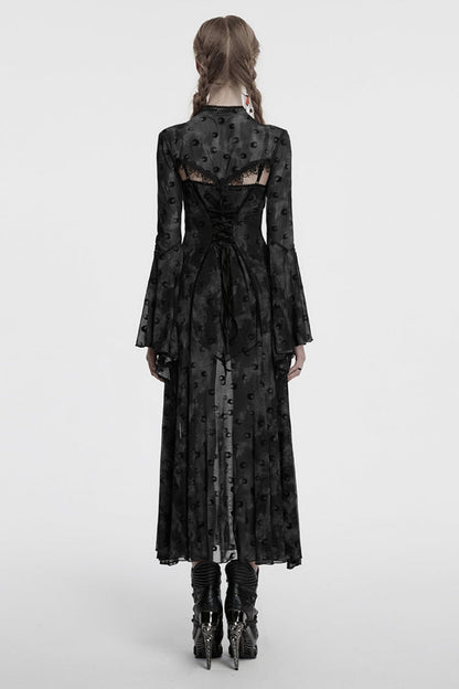 Gothic Lolita Dress - Print Hollow Mesh Slip, Gray, Women's Style, Long Sleeves, Printed - additional product view 3