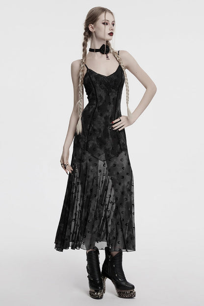 Gothic Lolita Dress - Print Hollow Mesh Slip, Gray, Women's Style, Long Sleeves, Printed - additional product view 4