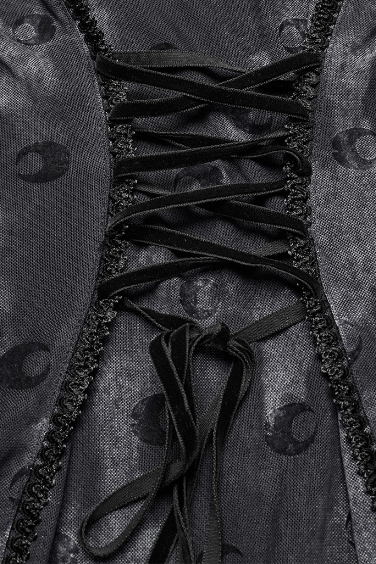 Gothic Lolita Dress - Print Hollow Mesh Slip, Gray, Women's Style, Long Sleeves, Printed - additional product view 7