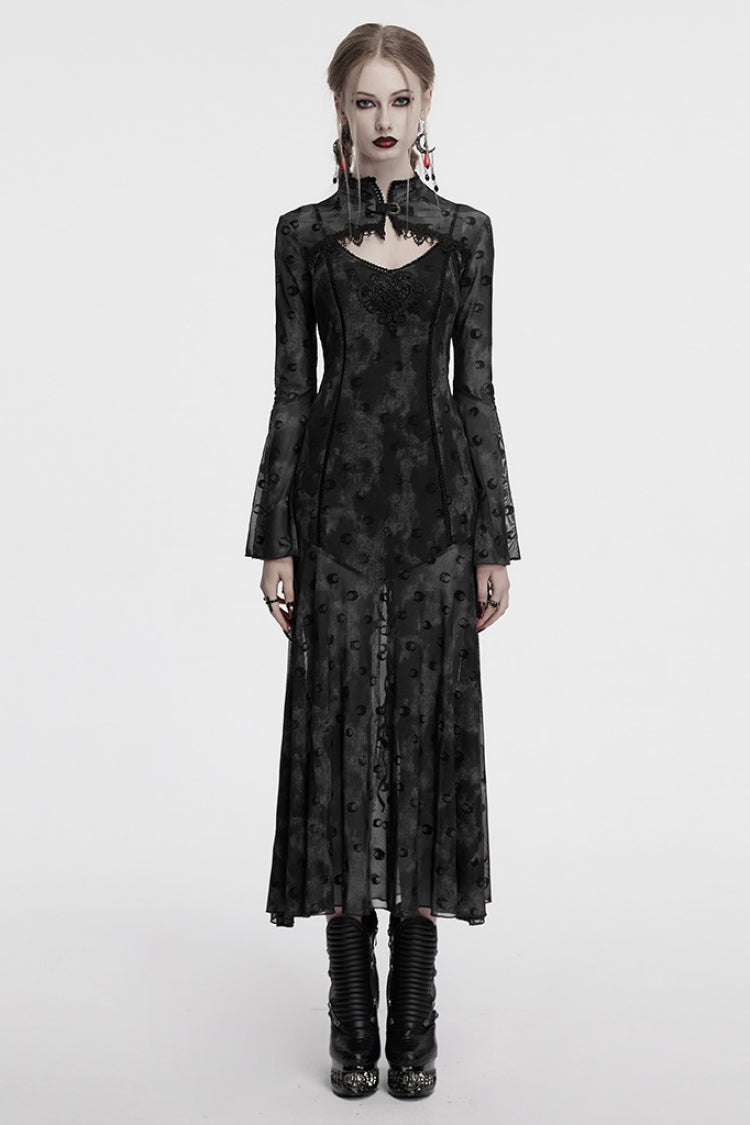 Gothic Lolita Dress - Print Hollow Mesh Slip, Gray, Women's Style, Long Sleeves, Printed - main product image