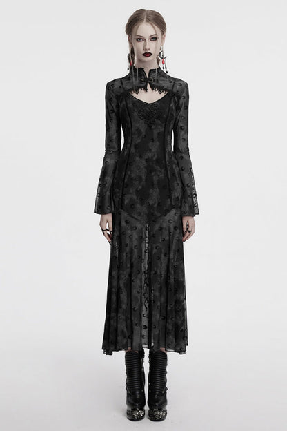 Gothic Lolita Dress - Print Hollow Mesh Slip, Gray, Women's Style, Long Sleeves, Printed - main product image