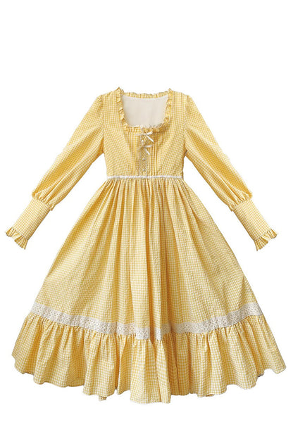Gothic Lolita Dress - Print Ruffle Lace-up Elegant, Yellow, Long Sleeves, Sweet Style - additional product view 3