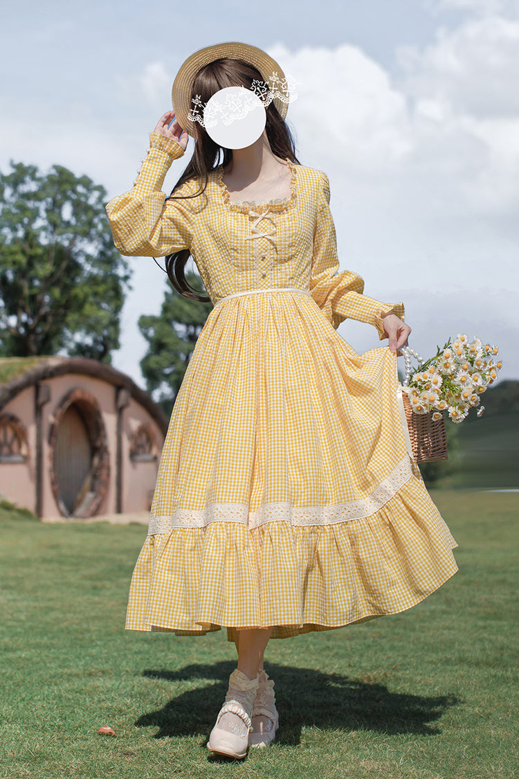 Gothic Lolita Dress - Print Ruffle Lace-up Elegant, Yellow, Long Sleeves, Sweet Style - additional product view 4