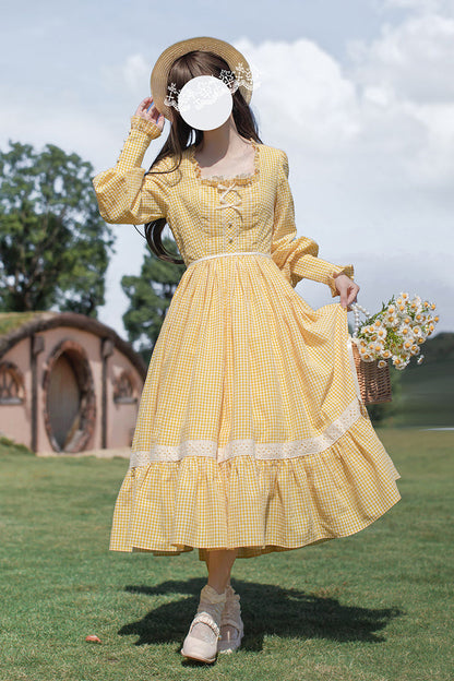 Gothic Lolita Dress - Print Ruffle Lace-up Elegant, Yellow, Long Sleeves, Sweet Style - additional product view 4