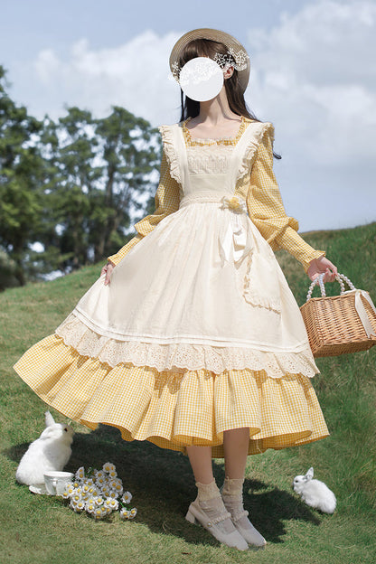 Gothic Lolita Dress - Print Ruffle Lace-up Elegant, Yellow, Long Sleeves, Sweet Style - main product image