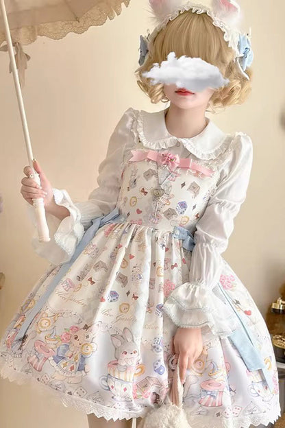 Gothic Lolita Dress - Printed Ruffled Bow Princess, Ivory, Bow Detail - main product image