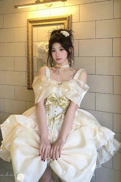 Gothic Lolita Dress - Proxima Centauri, Gold, Ruffled, Sweet Style, Bow Detail - additional product view 2