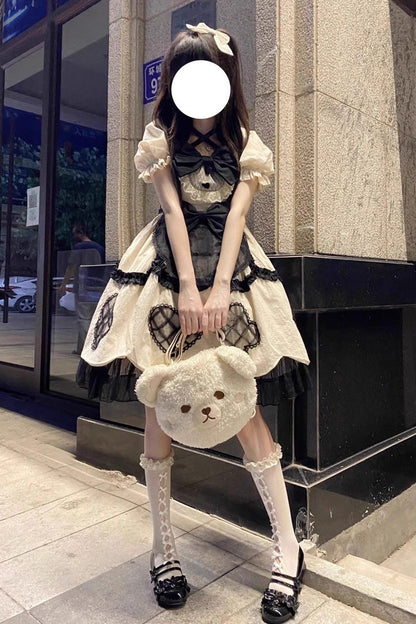 Gothic Lolita Dress - Puff Ruffle Bowknot Princess, Ivory, Puff Sleeves, Bow Detail - additional product view 2