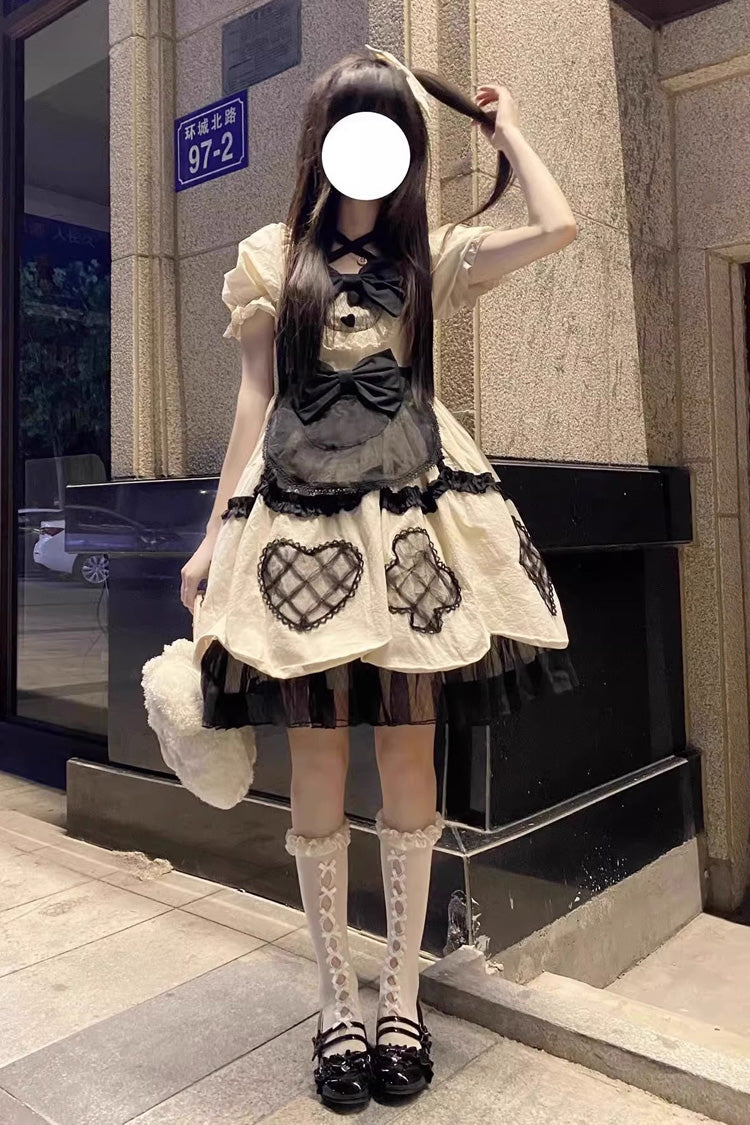 Gothic Lolita Dress - Puff Ruffle Bowknot Princess, Ivory, Puff Sleeves, Bow Detail - additional product view 3