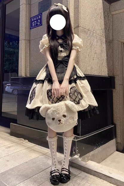 Gothic Lolita Dress - Puff Ruffle Bowknot Princess, Ivory, Puff Sleeves, Bow Detail - additional product view 4