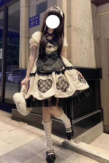 Gothic Lolita Dress - Puff Ruffle Bowknot Princess, Ivory, Puff Sleeves, Bow Detail - main product image