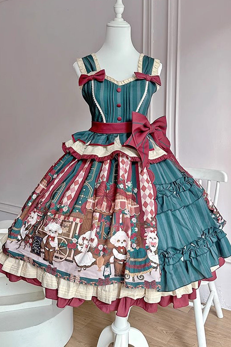 Gothic Lolita Dress - Puppy Cafe, 5 Colors, Printed, Sweet Style, Bow Detail - S Green-JSK / M Green-JSK / L Green-JSK option