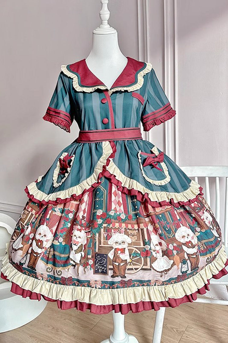 Gothic Lolita Dress - Puppy Cafe, 5 Colors, Printed, Sweet Style, Bow Detail - S Green / M Green / L Green option