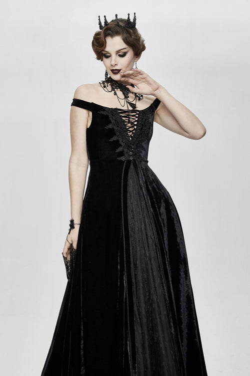 Gothic Lolita Dress - Queen Velvet Flat Shouders, Black, Long Length, Women's Style - additional product view 2