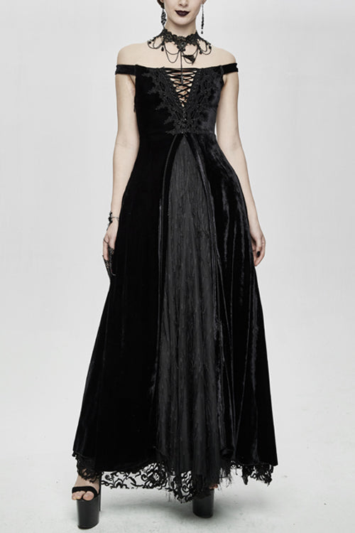Gothic Lolita Dress - Queen Velvet Flat Shouders, Black, Long Length, Women's Style - main product image
