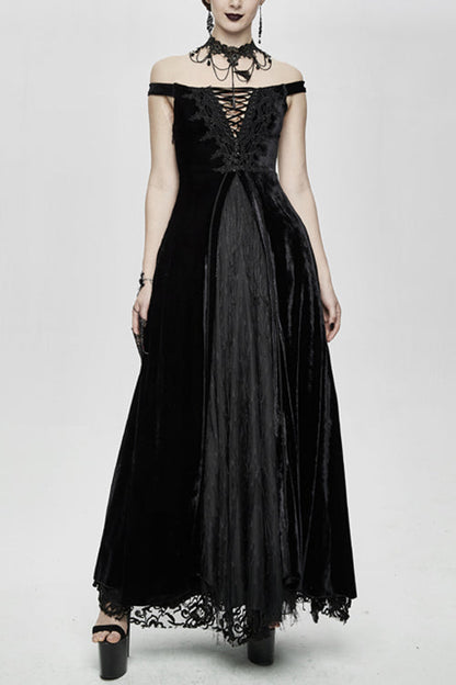 Gothic Lolita Dress - Queen Velvet Flat Shouders, Black, Long Length, Women's Style - main product image