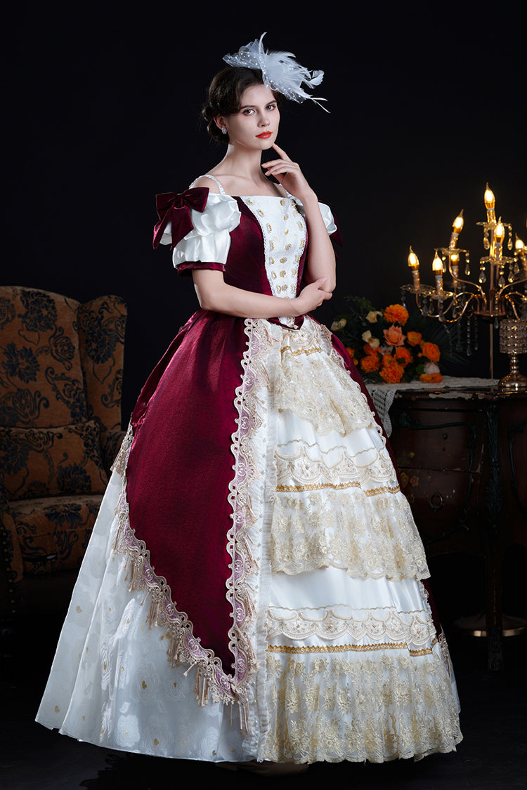 Gothic Lolita Dress - Red/apricot Off Shoulder, 2 Colors, Bow Detail, Lace Trim, Ruffled - additional product view 2
