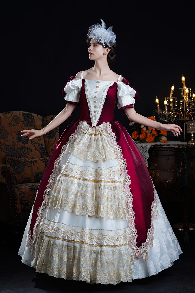 Gothic Lolita Dress - Red/apricot Off Shoulder, 2 Colors, Bow Detail, Lace Trim, Ruffled - additional product view 3