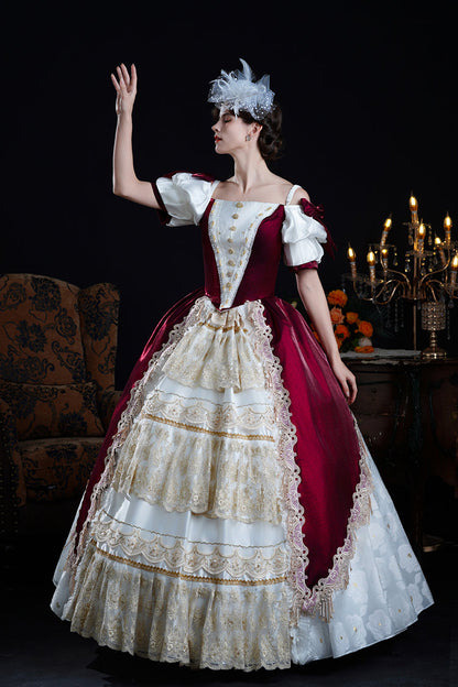 Gothic Lolita Dress - Red/apricot Off Shoulder, 2 Colors, Bow Detail, Lace Trim, Ruffled - additional product view 5