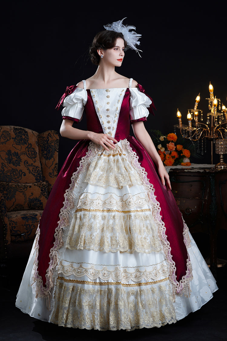 Gothic Lolita Dress - Red/apricot Off Shoulder, 2 Colors, Bow Detail, Lace Trim, Ruffled - main product image