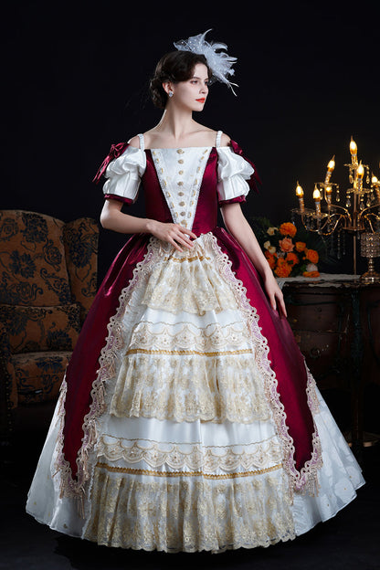 Gothic Lolita Dress - Red/apricot Off Shoulder, 2 Colors, Bow Detail, Lace Trim, Ruffled - main product image