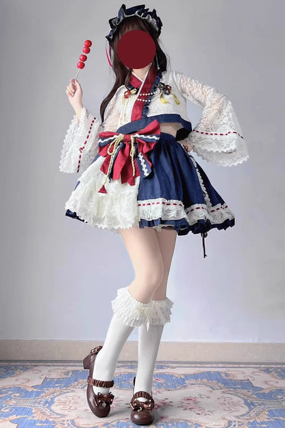 Gothic Lolita Dress - Red/white/blue Hime Sleeves, 3 Colors, Bow Detail, Ruffled - main product image